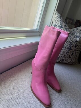 Jeffrey Campbell Pink Mid-Calf Pointed-Toe Leather Boots